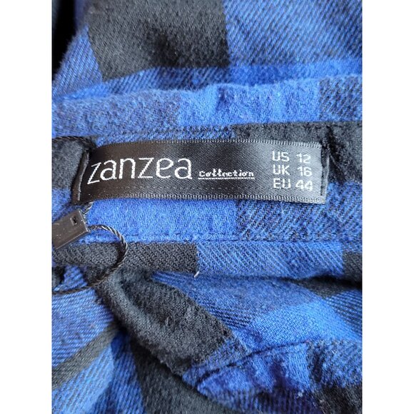 Zanzea Flannel Shirt Womens 12 Oversized Blue Black Buffalo Plaid Button-Up Long - Picture 4 of 5